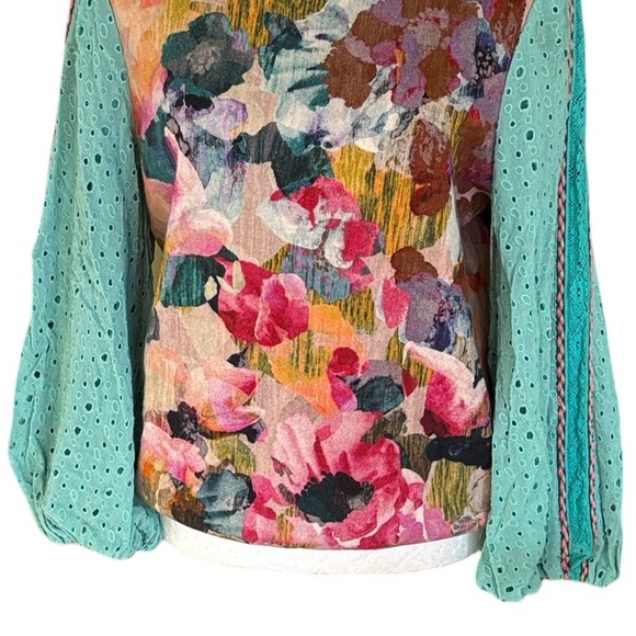 Anthropologie Bl^nk Contrast Eyelet Puff Sleeve Pullover Top in Turquoise - S - Picture 8 of 16